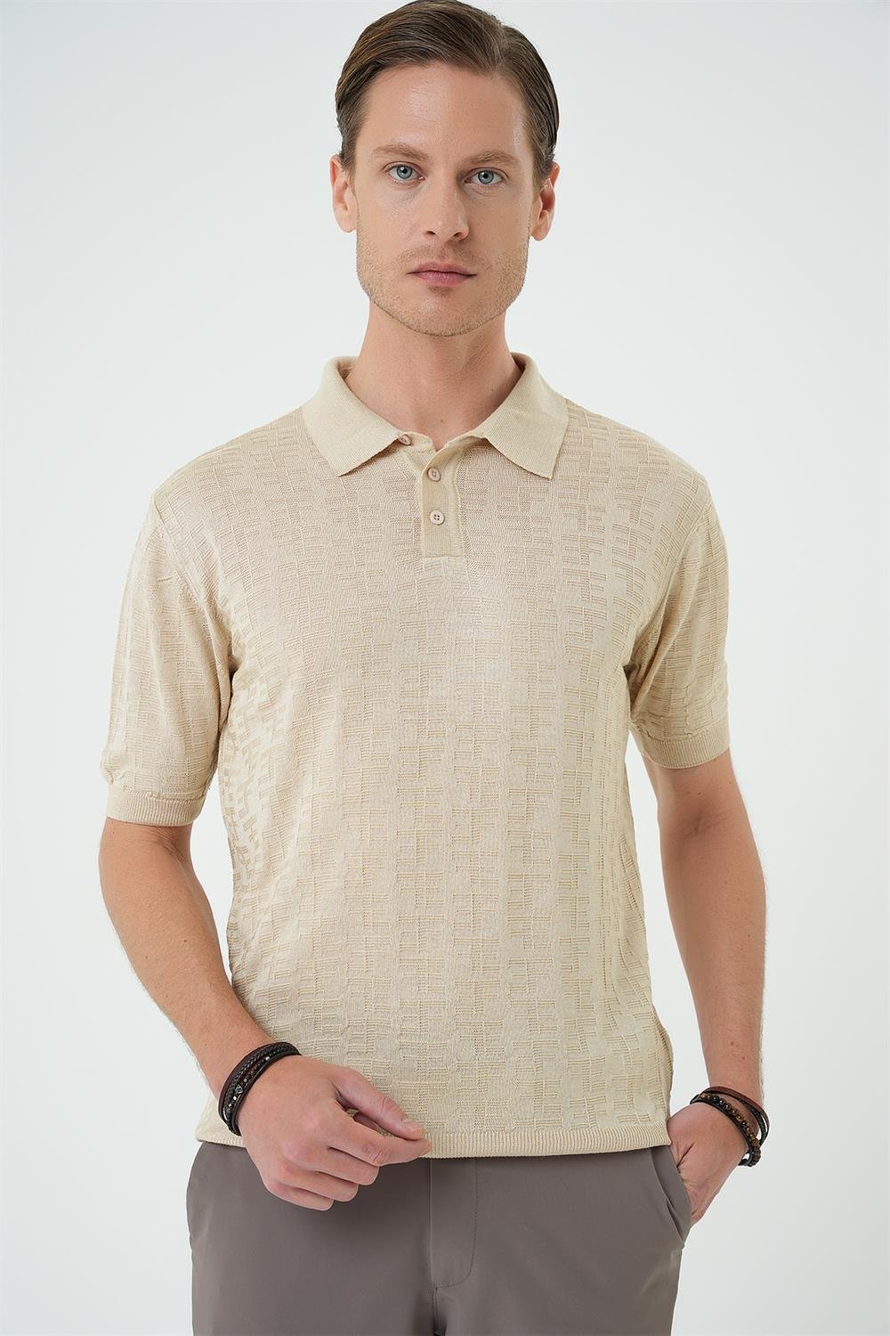 Tr 880 Comfort Fit Polo Yaka Pamuklu Kısa Kol Casuel Bej Triko Tişört