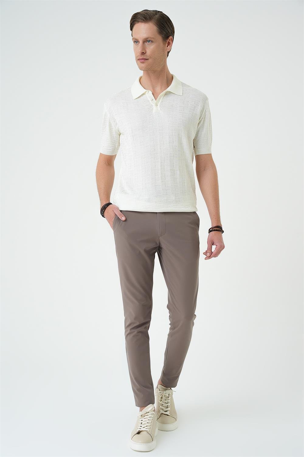 Tr 880 Comfort Fit Polo Yaka Pamuklu Kısa Kol Casuel Ekru Triko Tişört