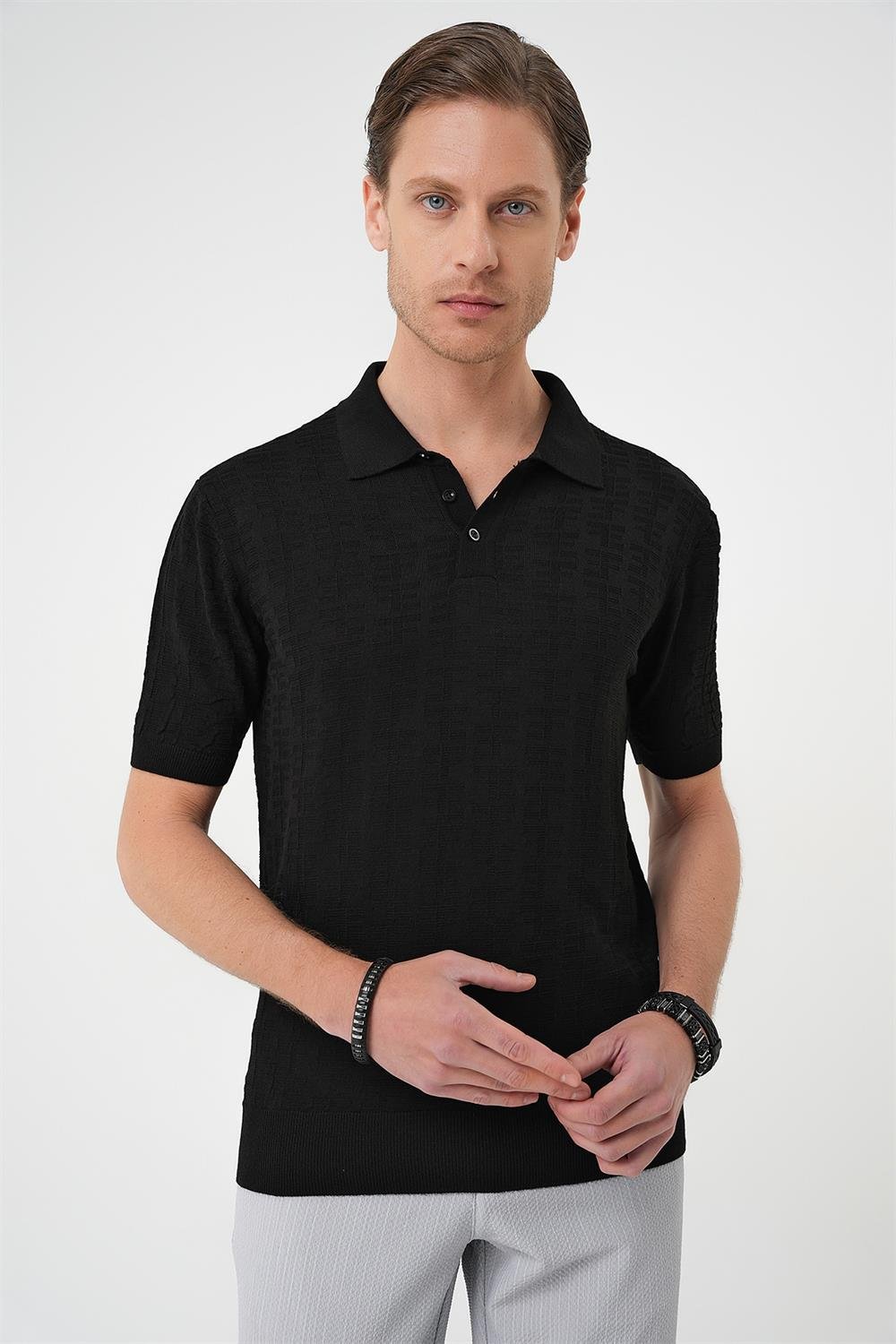Tr 880 Comfort Fit Polo Yaka Pamuklu Kısa Kol Casuel Siyah Triko Tişört