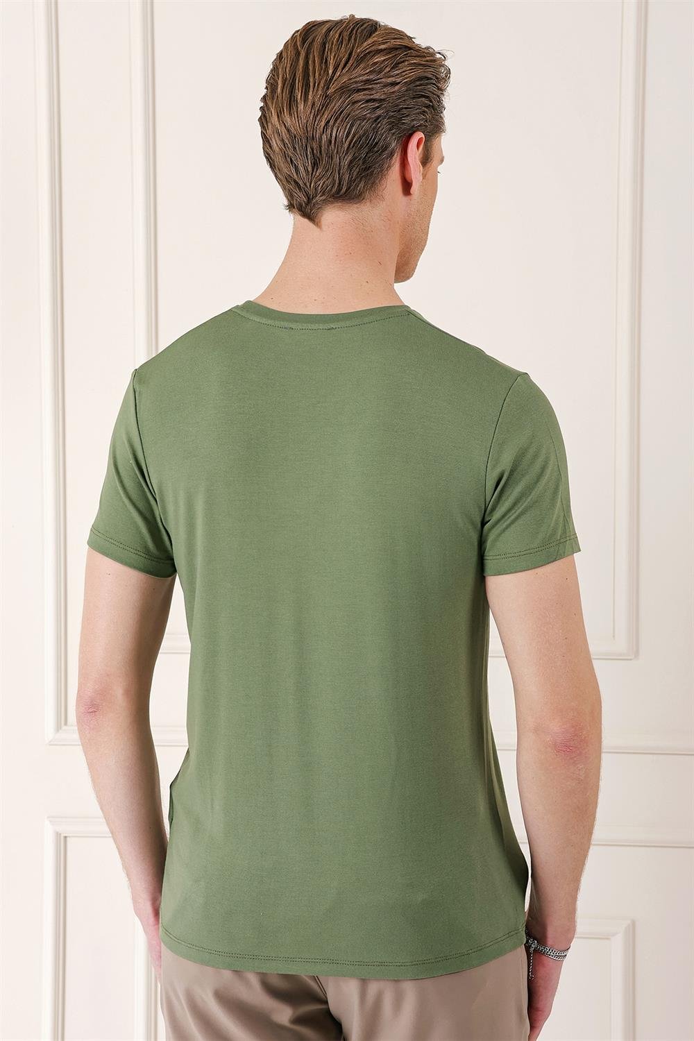Ts 823 Slim Fit Bisiklet Yaka Düz Pamuklu Haki Tişört
