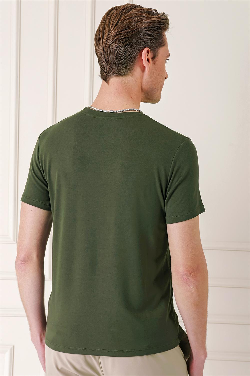Ts 823 Slim Fit Bisiklet Yaka Düz Pamuklu Koyu Yeşil Tişört