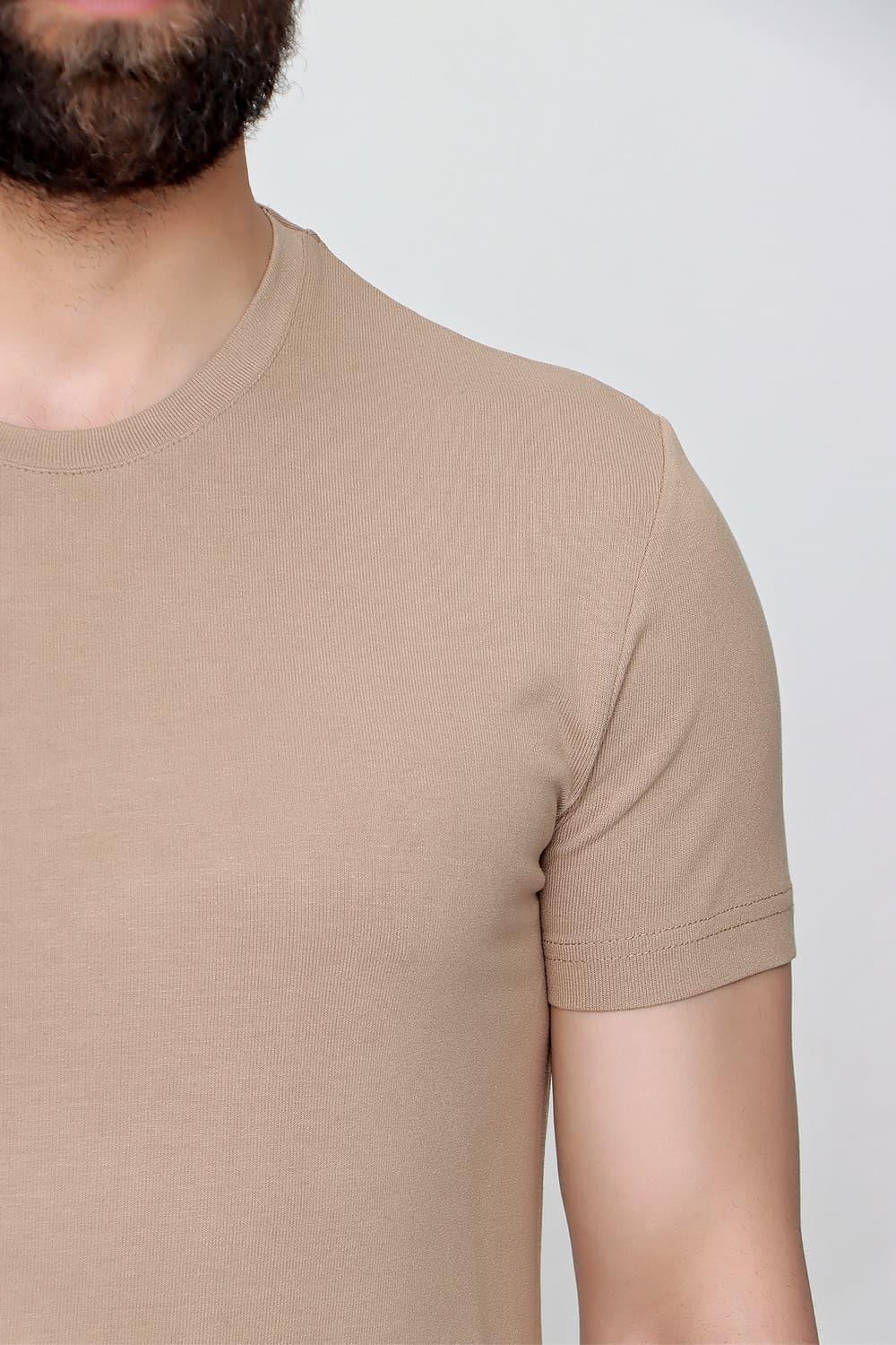 Ts 823 Slim Fit Bisiklet Yaka Düz Pamuklu Bej Tişört
