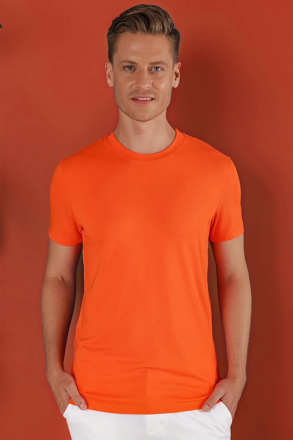 Ts 823 Slim Fit Bisiklet Yaka Düz Pamuklu Oranj Tişört