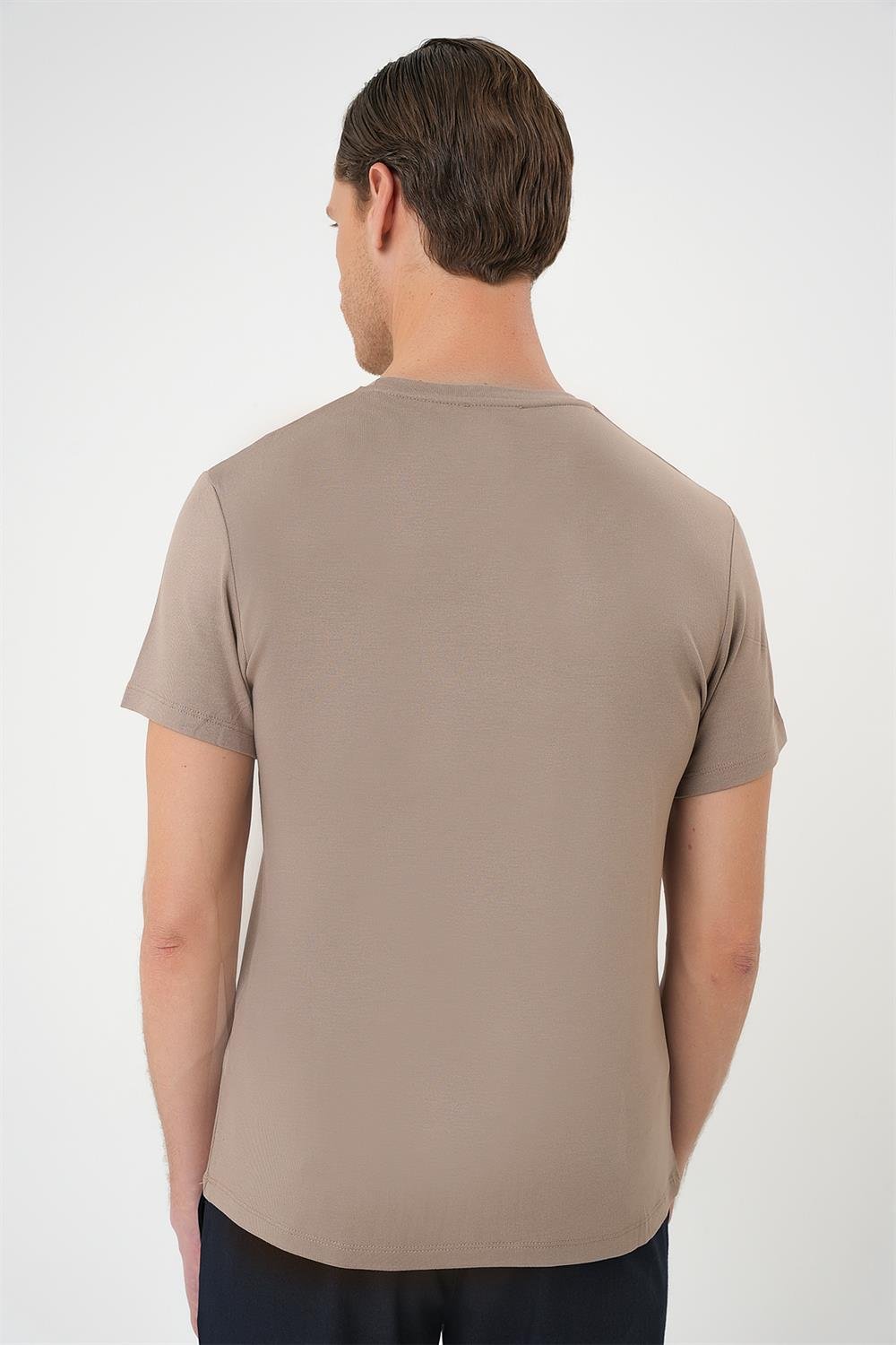 Ts 823 Slim Fit Bisiklet Yaka Düz Pamuklu Vizon Tişört