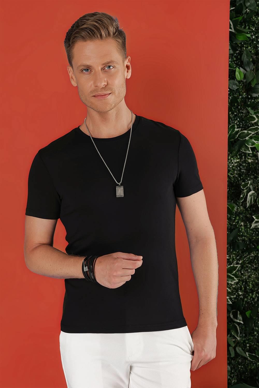 Ts 823 Slim Fit Bisiklet Yaka Düz Pamuklu Siyah Tişört