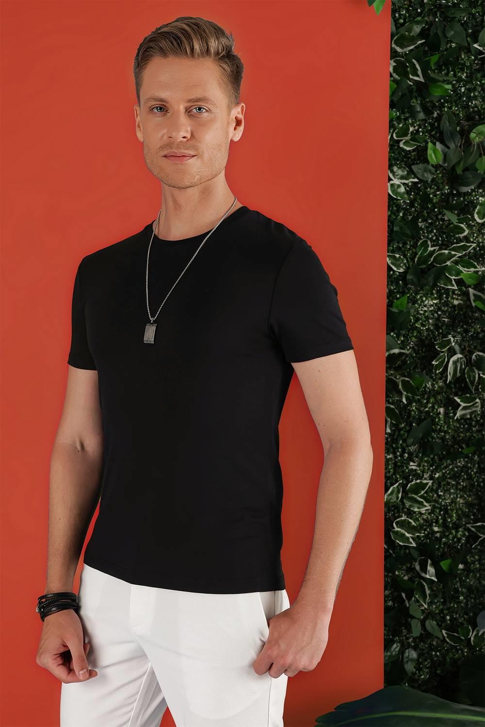 Ts 823 Slim Fit Bisiklet Yaka Düz Pamuklu Siyah Tişört