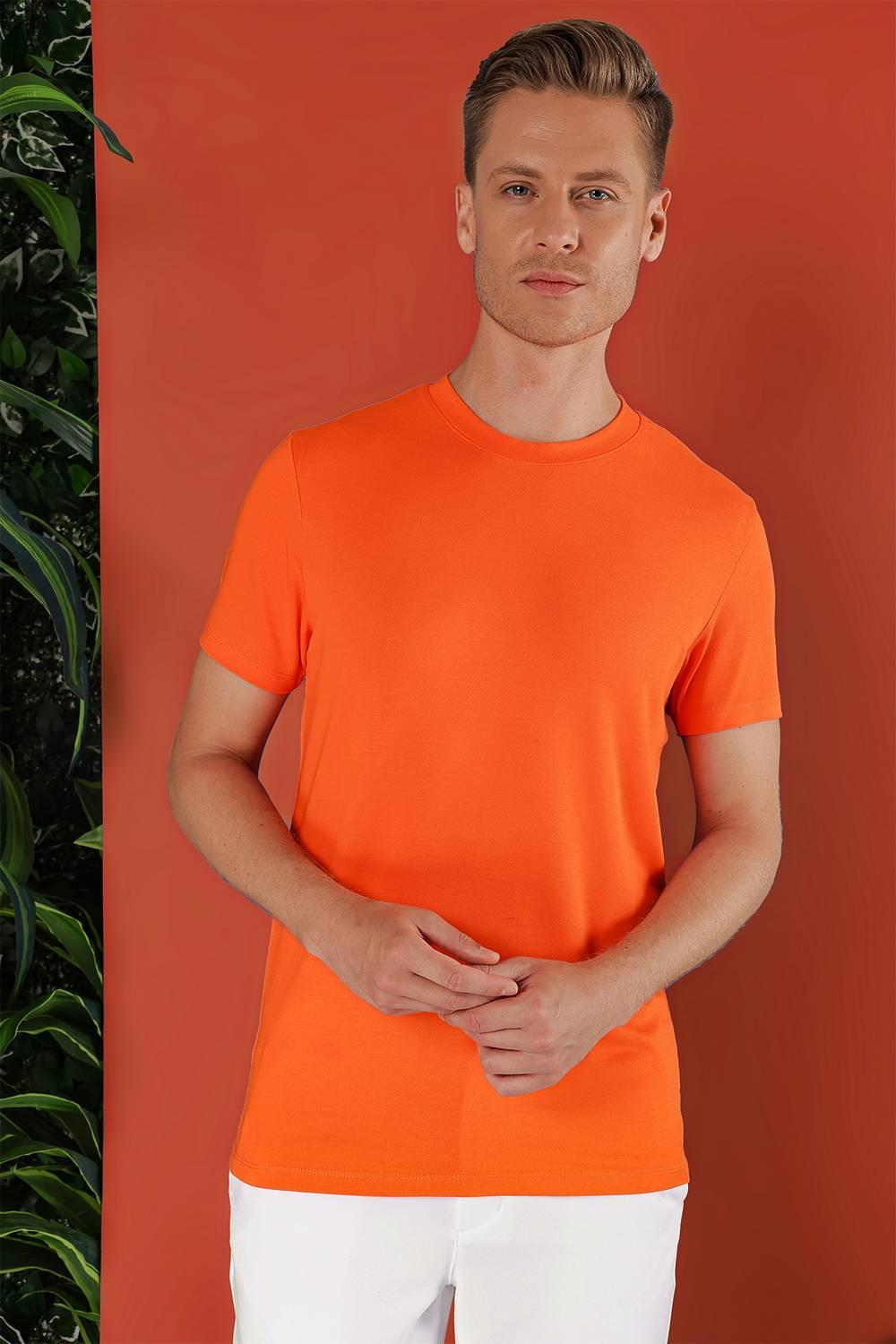 Ts 823 Slim Fit Bisiklet Yaka Düz Pamuklu Oranj Tişört