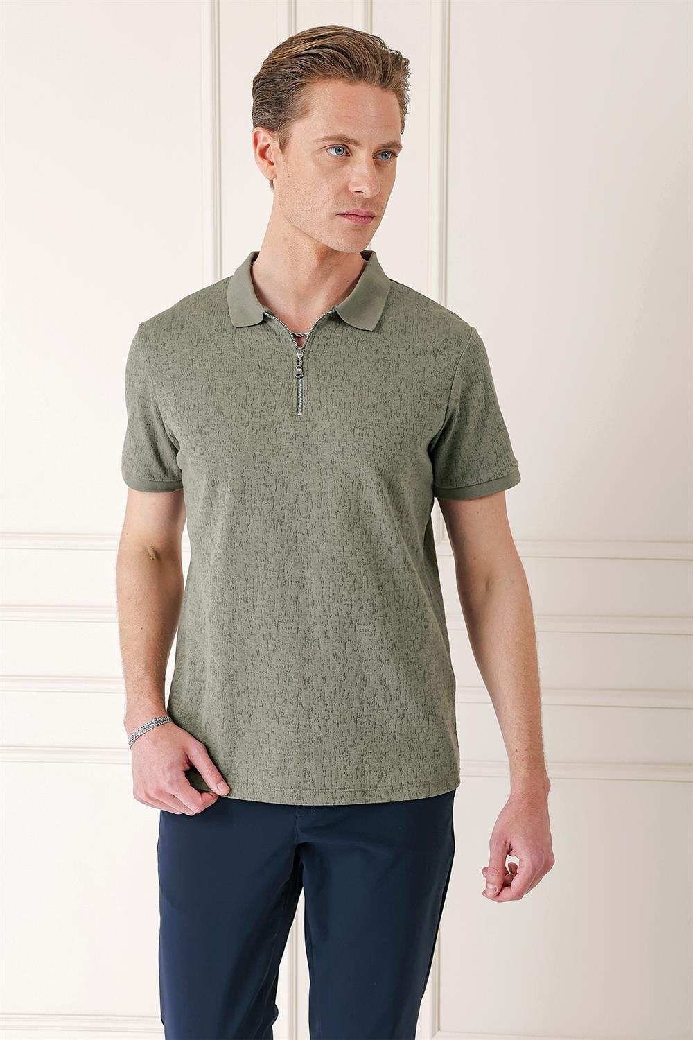 Ts 877 Slim Fit Fermuarlı Polo Yaka %100 Pamuk Haki Tişört