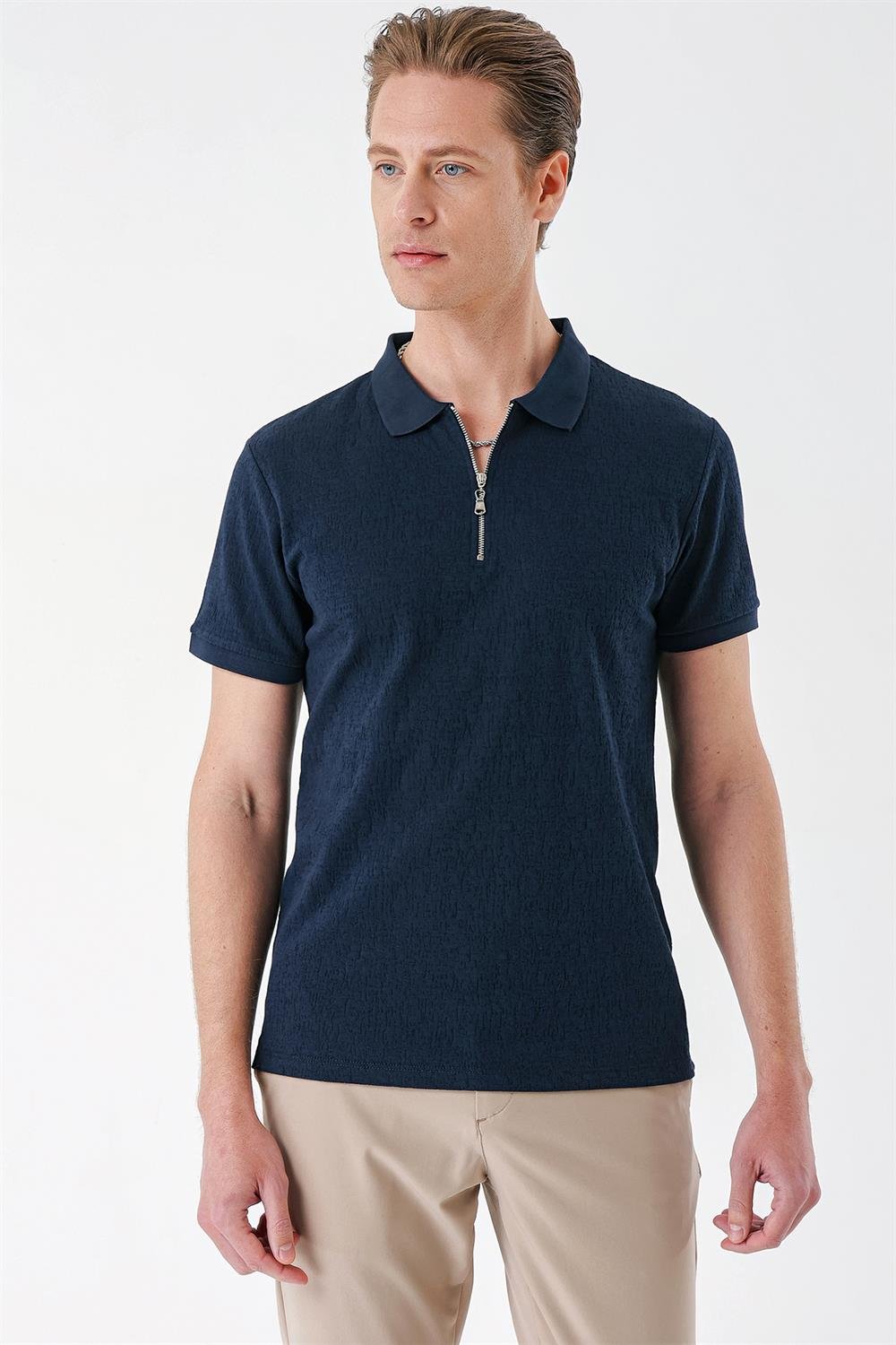 Ts 877 Slim Fit Fermuarlı Polo Yaka %100 Pamuk Lacivert Tişört
