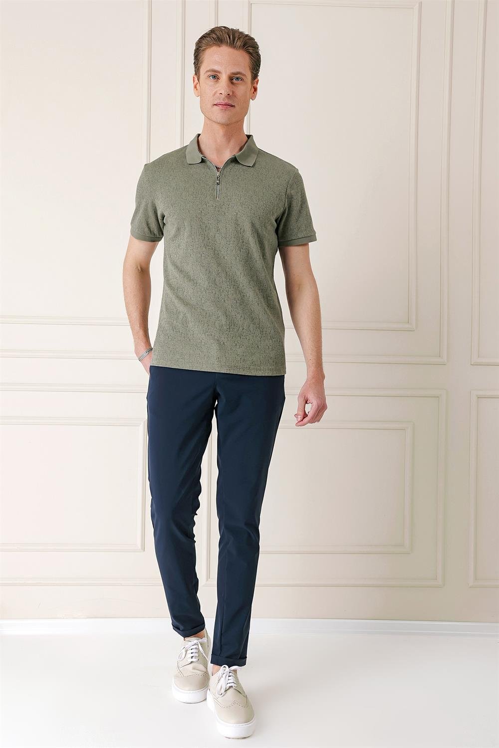 Ts 877 Slim Fit Fermuarlı Polo Yaka %100 Pamuk Haki Tişört