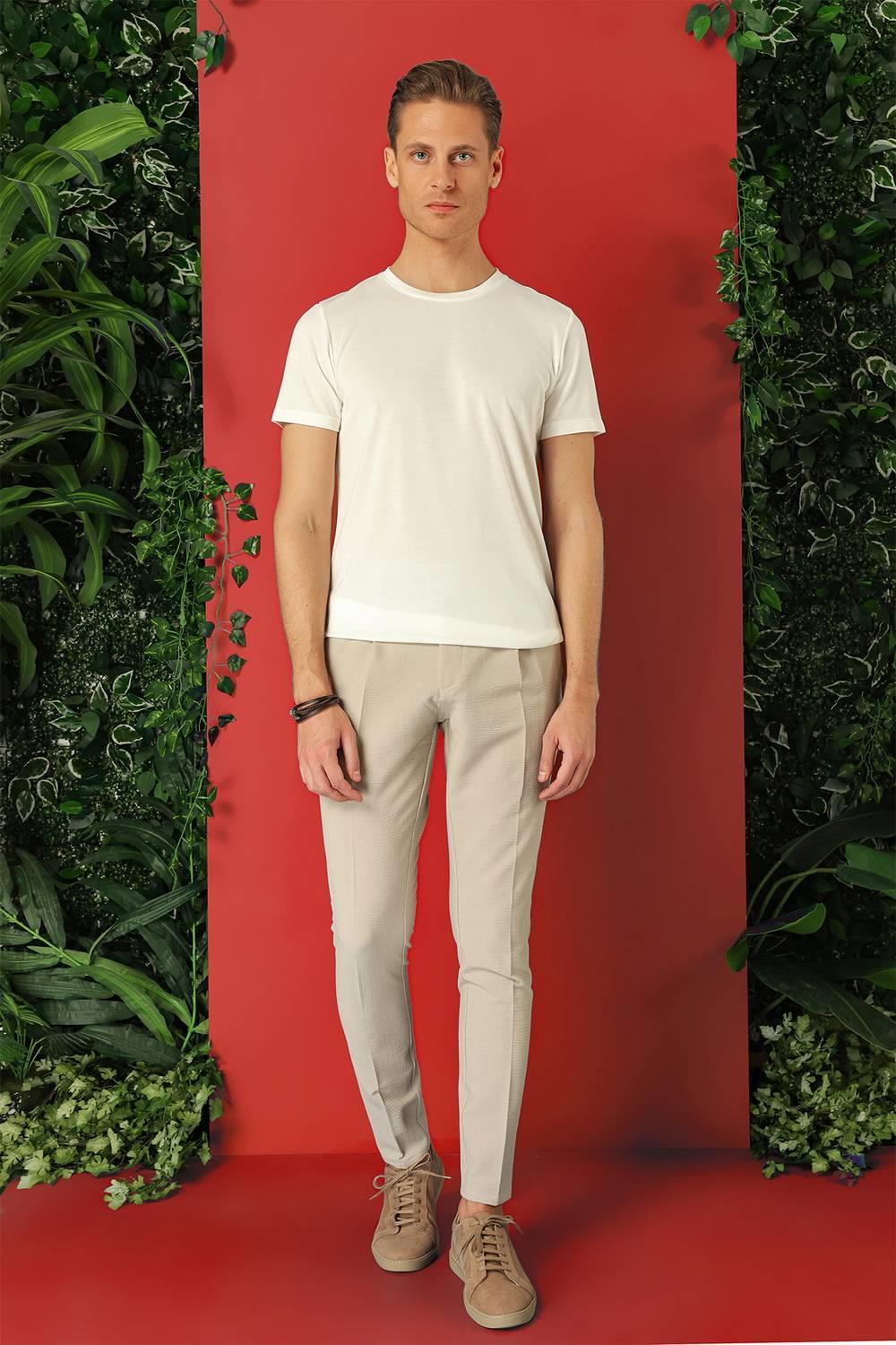 Ts 878 Slim Fit Bisiklet Yaka %100 Pamuk Ekru Tişört