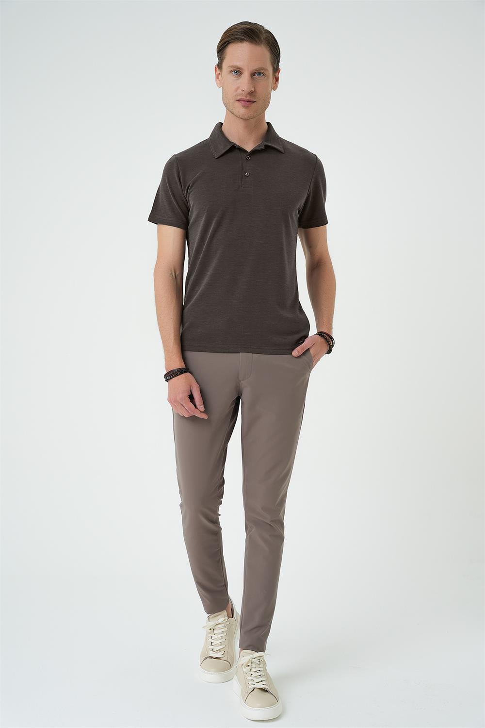 Ts 879 Slim Fit Düğmeli Polo Yaka Pamuklu Koyu Vizon Tişört