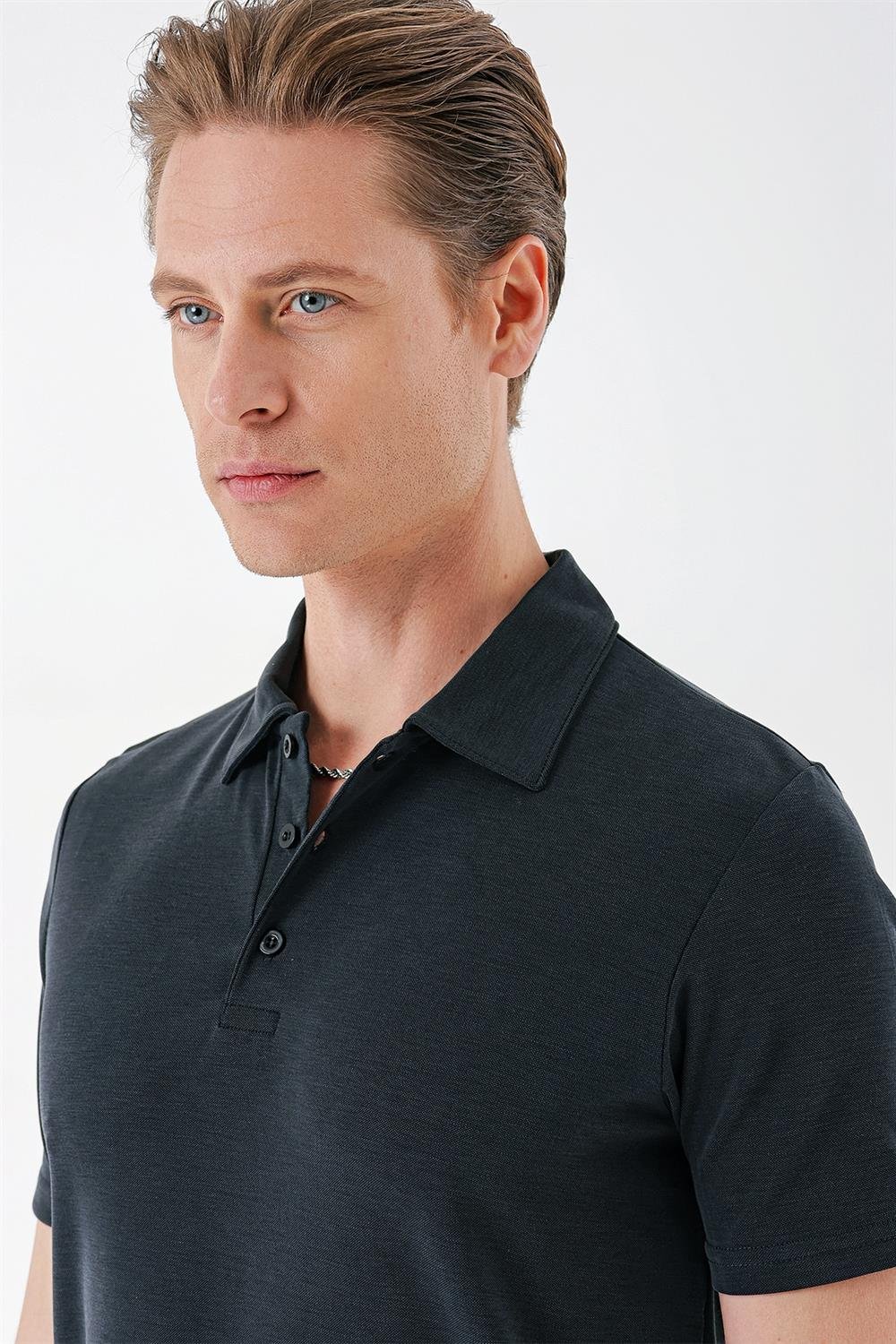 Ts 879 Slim Fit Düğmeli Polo Yaka Pamuklu Siyah Tişört