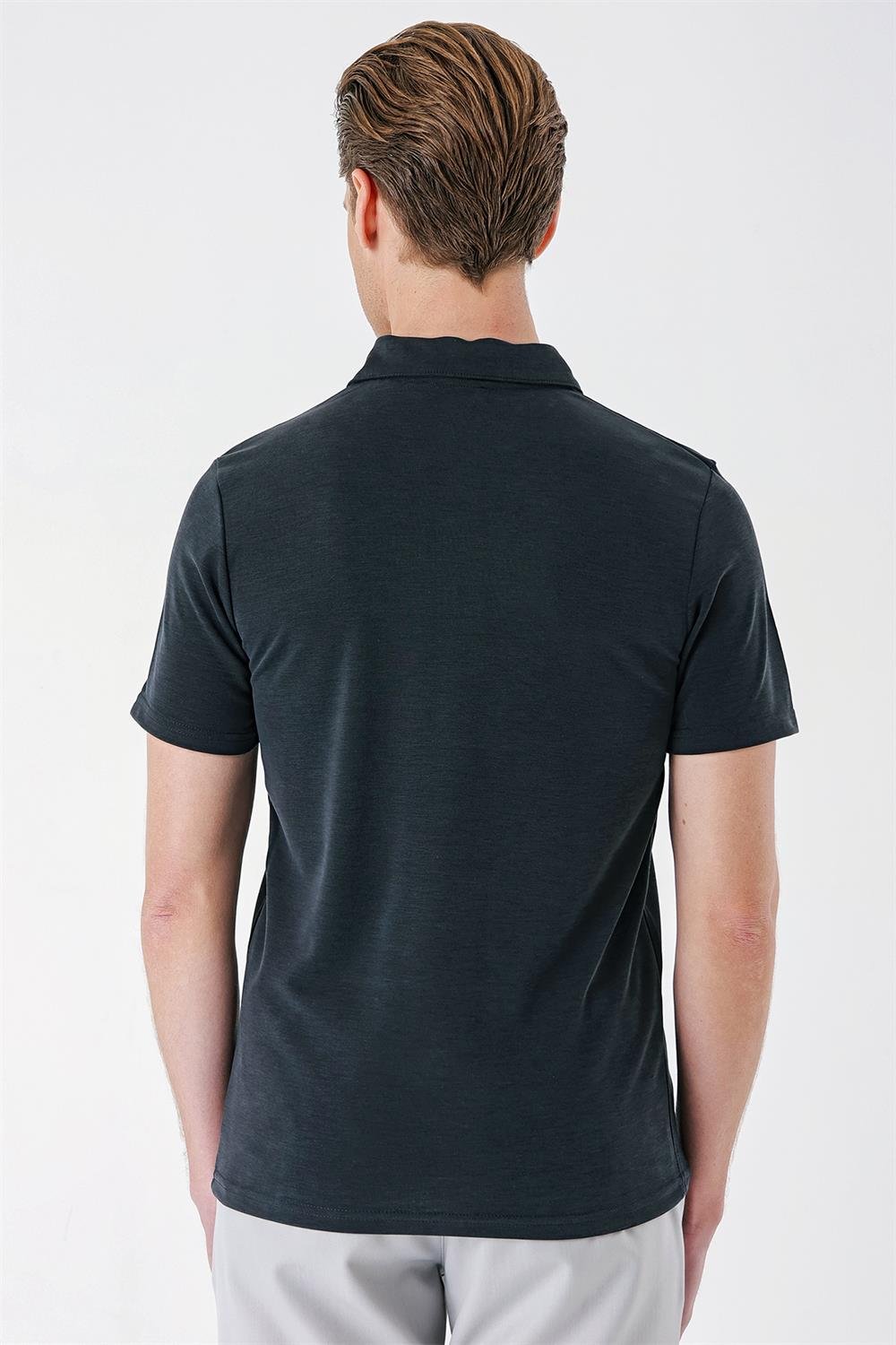 Ts 879 Slim Fit Düğmeli Polo Yaka Pamuklu Siyah Tişört