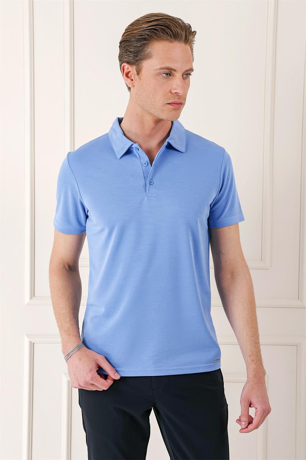 Ts 879 Slim Fit Düğmeli Polo Yaka Pamuklu Mavi Tişört