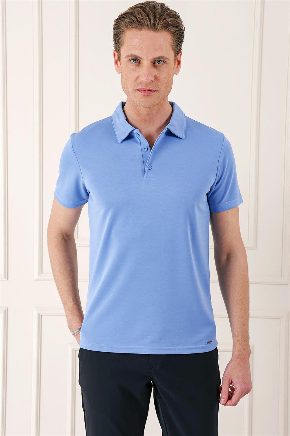 Ts 879 Slim Fit Düğmeli Polo Yaka Pamuklu Mavi Tişört
