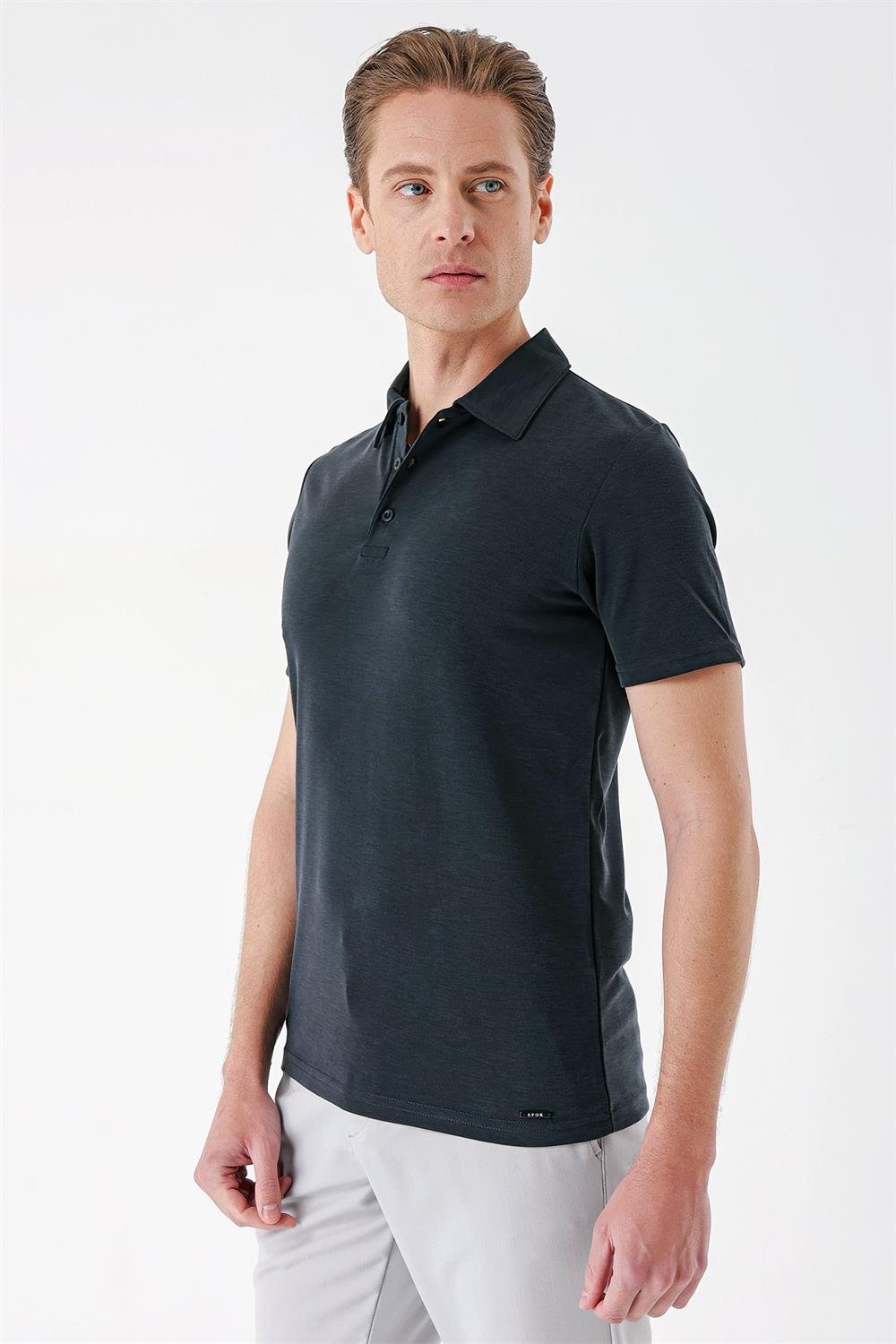 Ts 879 Slim Fit Düğmeli Polo Yaka Pamuklu Siyah Tişört
