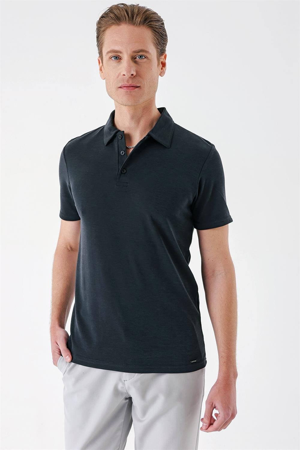 Ts 879 Slim Fit Düğmeli Polo Yaka Pamuklu Siyah Tişört