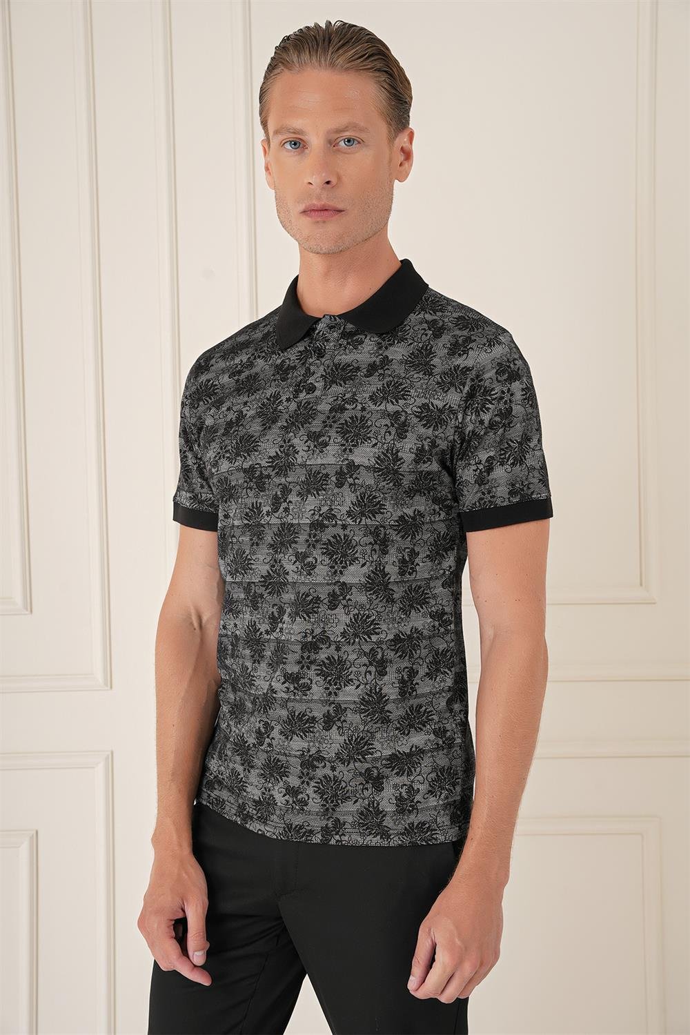 Ts 884 Slim Fit Dal Yaprak Desen Polo Yaka Pamuklu Siyah Tişört