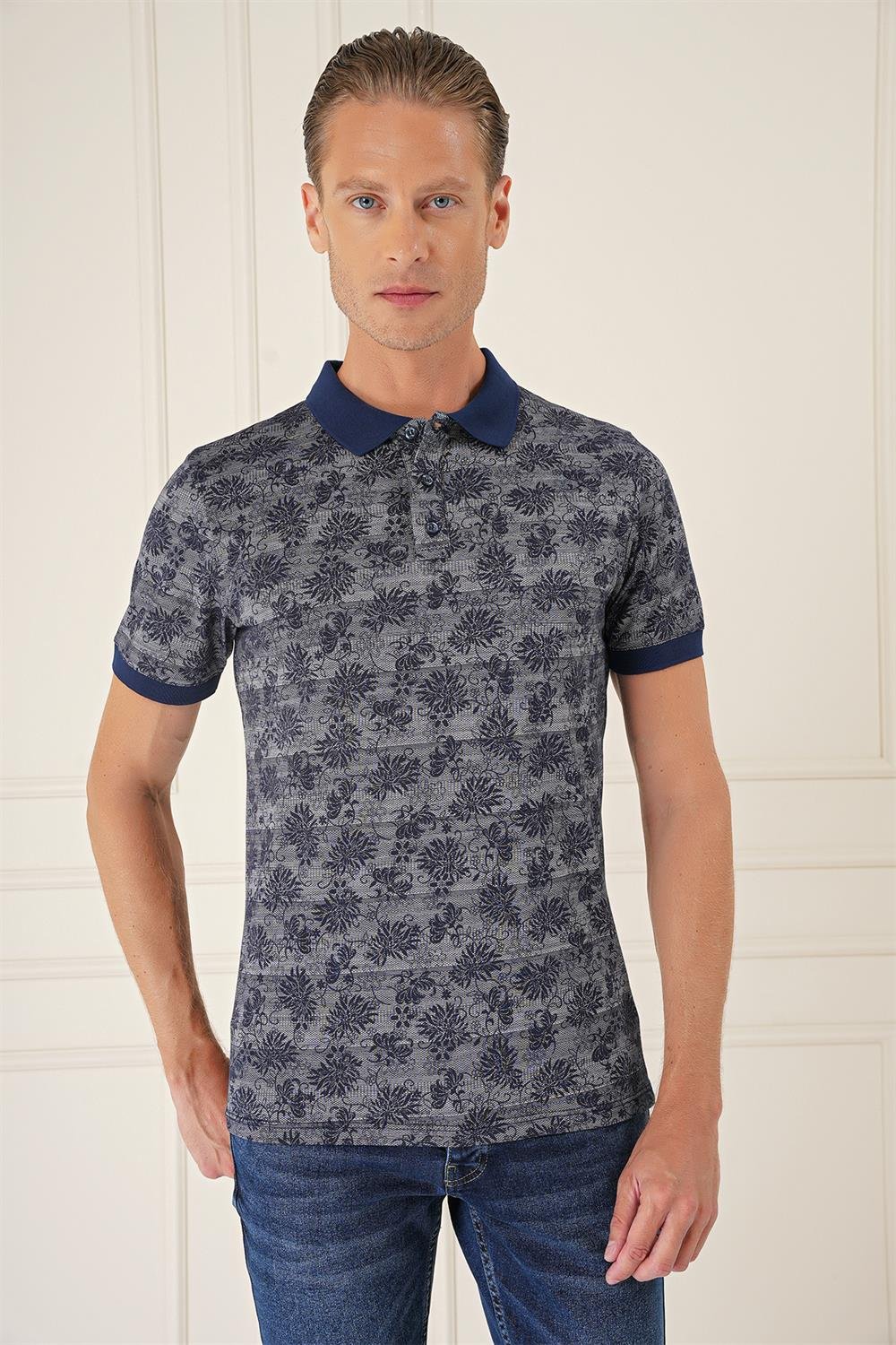 Ts 884 Slim Fit Dal Yaprak Desen Polo Yaka Pamuklu Lacivert Tişört