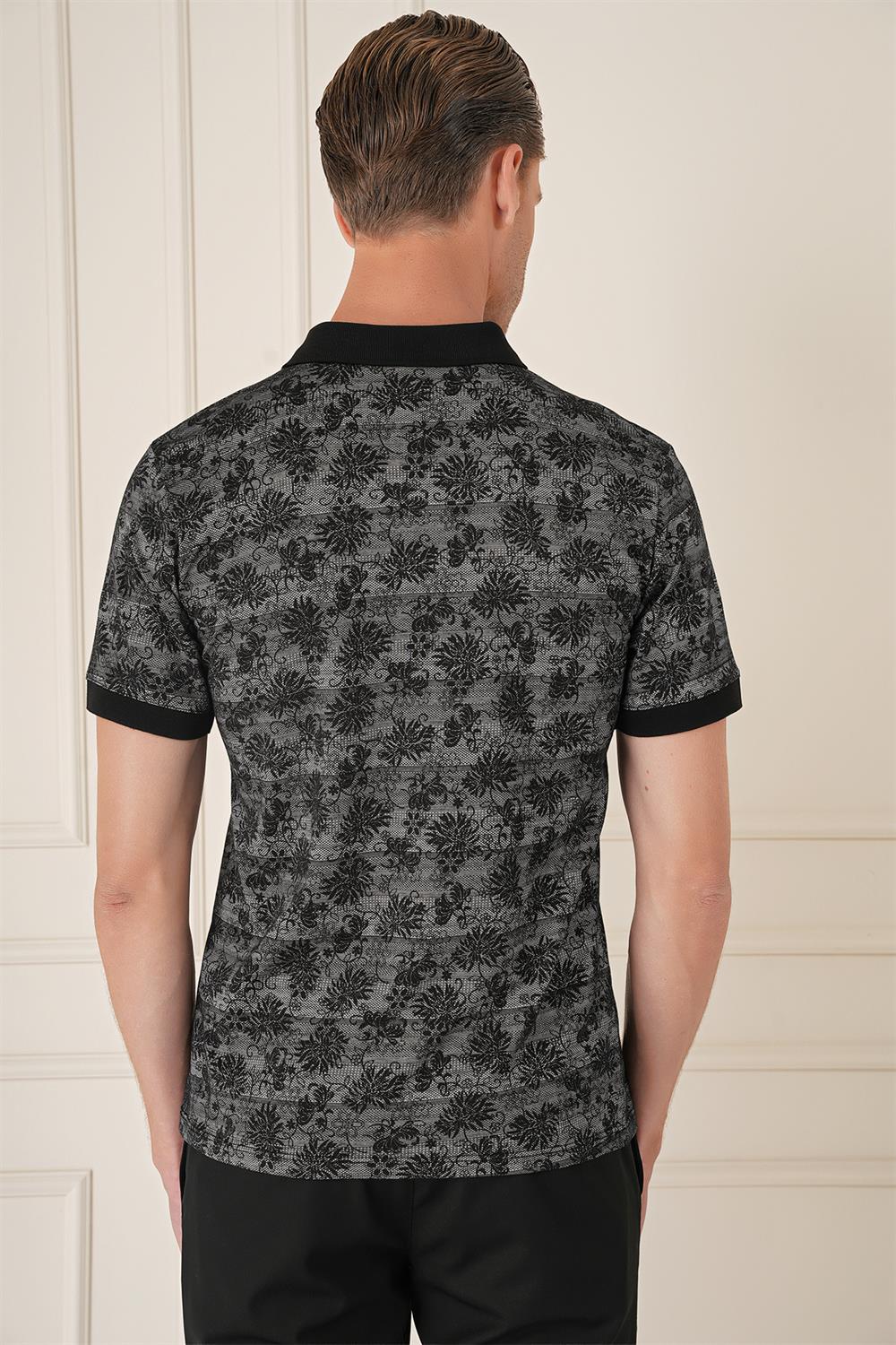 Ts 884 Slim Fit Dal Yaprak Desen Polo Yaka Pamuklu Siyah Tişört