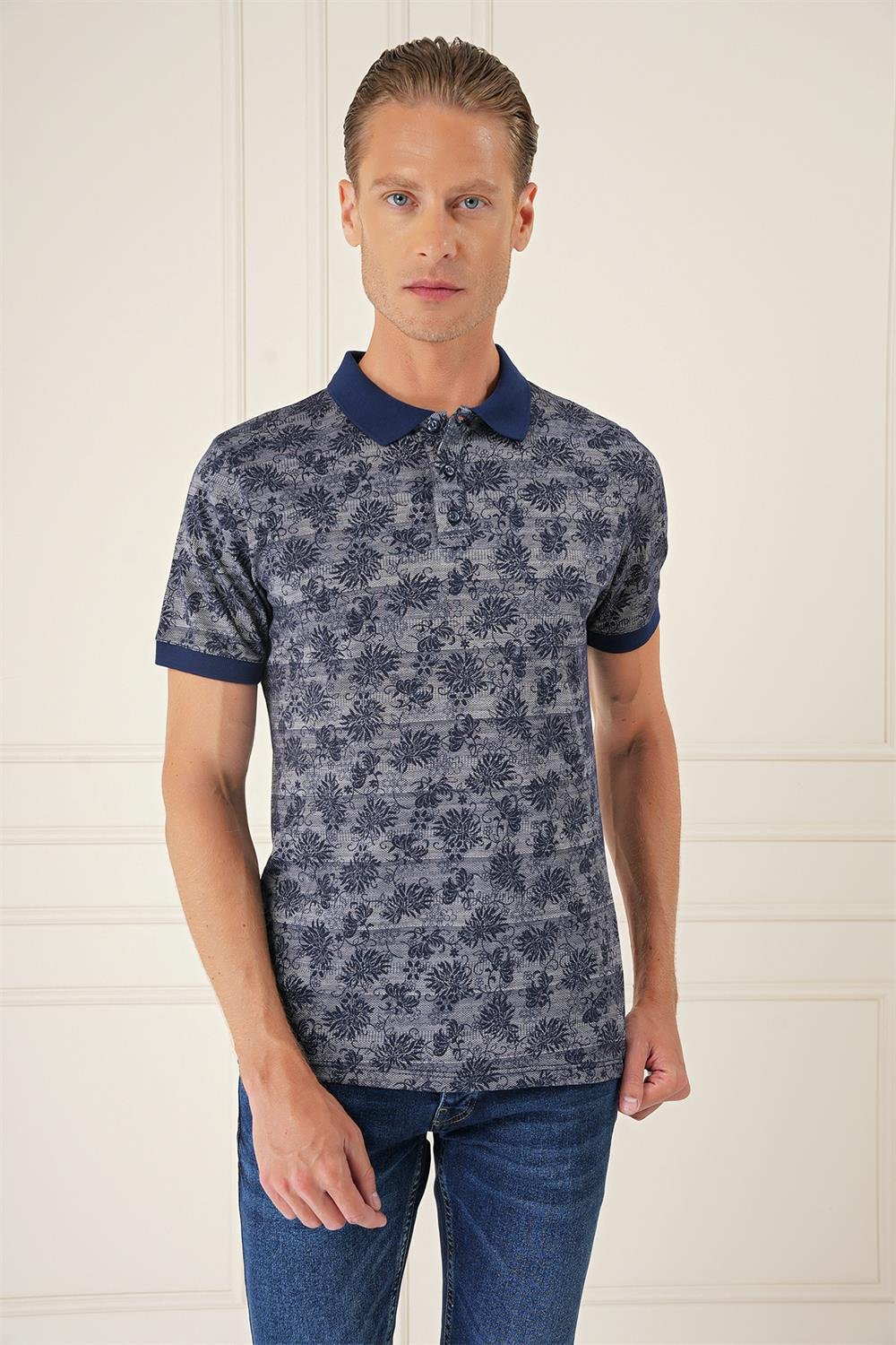 Ts 884 Slim Fit Dal Yaprak Desen Polo Yaka Pamuklu Lacivert Tişört
