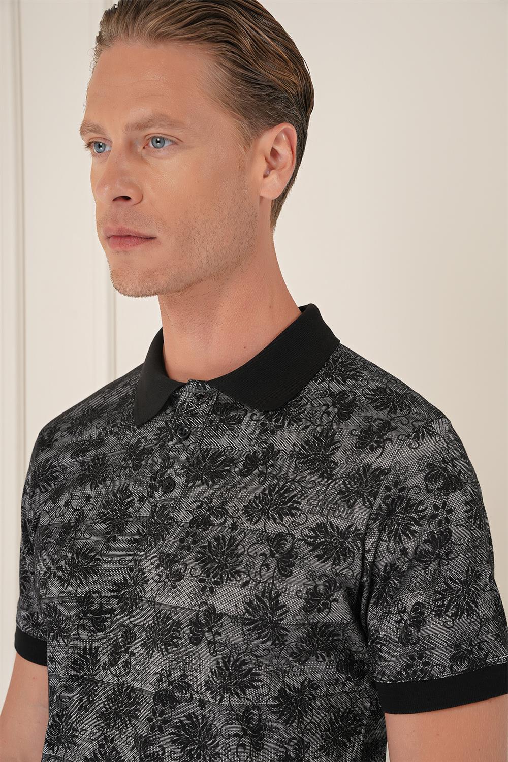 Ts 884 Slim Fit Dal Yaprak Desen Polo Yaka Pamuklu Siyah Tişört