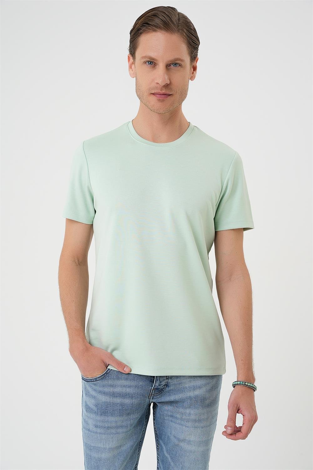 Ts 885 Comfort Fit Bisiklet Yaka Esnek Pamuk Casuel Mint Yeşili Tişört