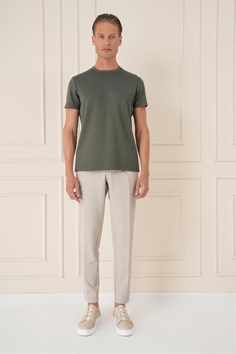 Ts 885 Comfort Fit Bisiklet Yaka Esnek Pamuk Casuel Haki Tişört