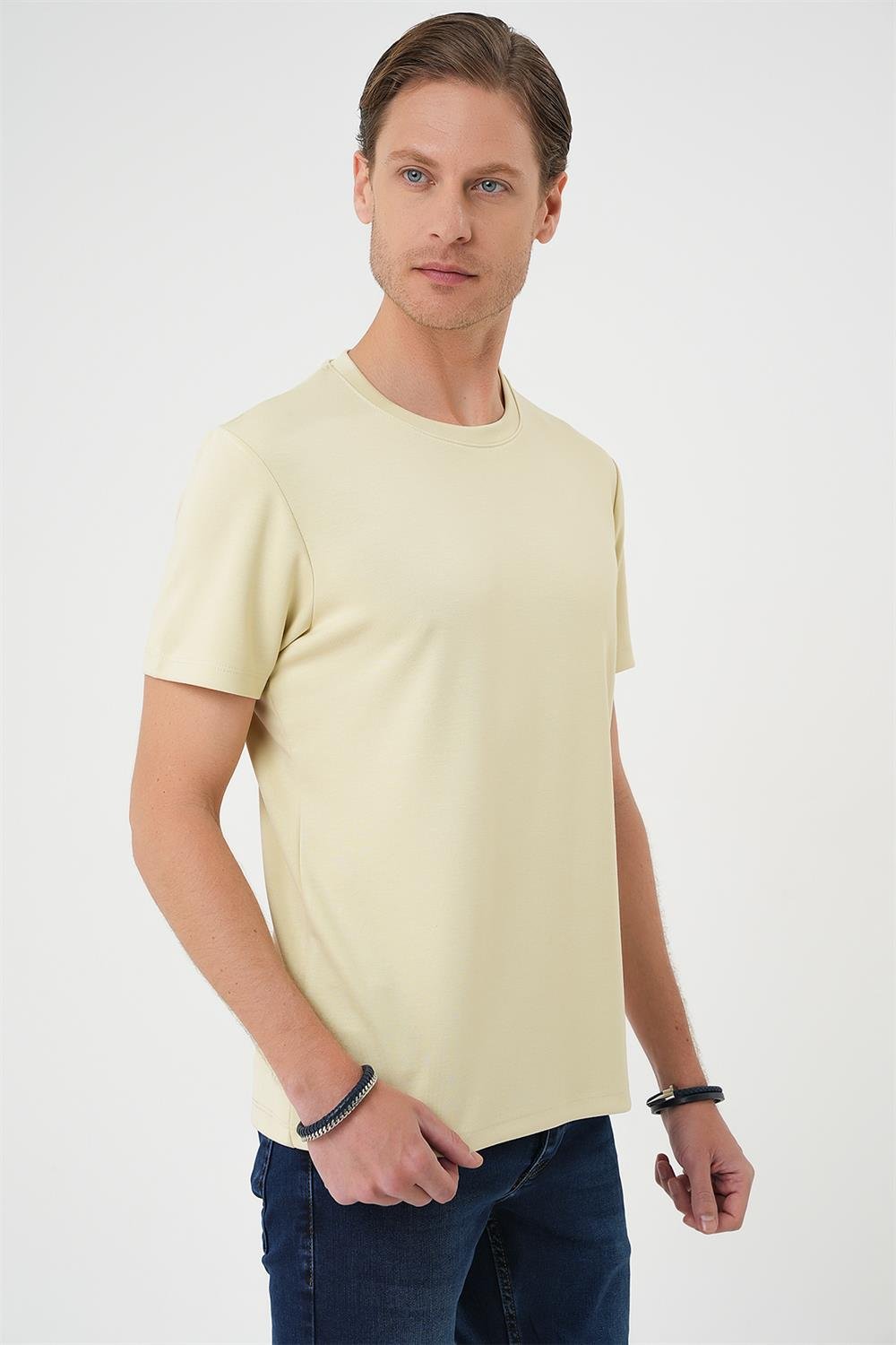 Ts 885 Comfort Fit Bisiklet Yaka Esnek Pamuk Casuel Su Yeşili Tişört