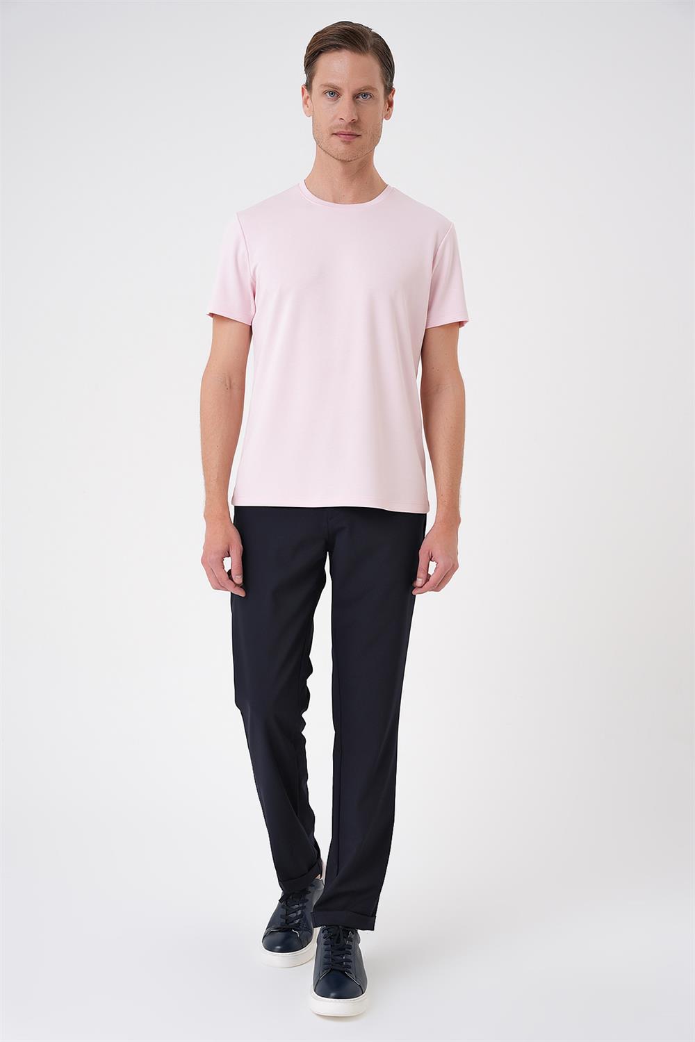 Ts 885 Comfort Fit Bisiklet Yaka Esnek Pamuk Casuel Pembe Tişört