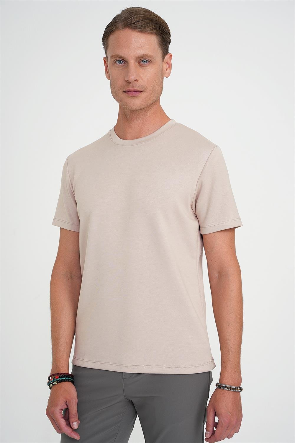 Ts 885 Comfort Fit Bisiklet Yaka Esnek Pamuk Casuel Bej Tişört