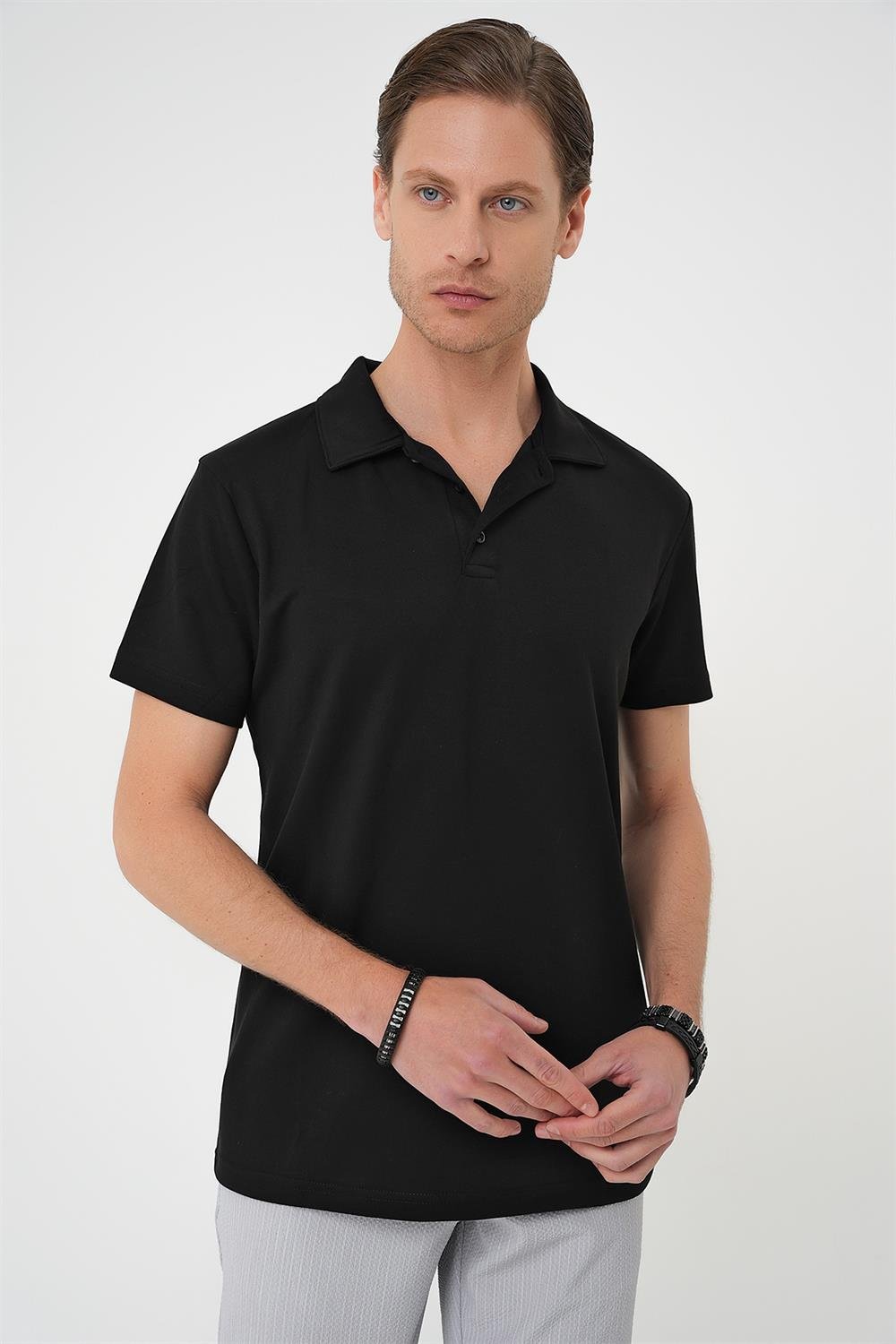 Ts 886 Comfort Fit Polo Yaka Esnek Pamuk Casuel Siyah Tişört