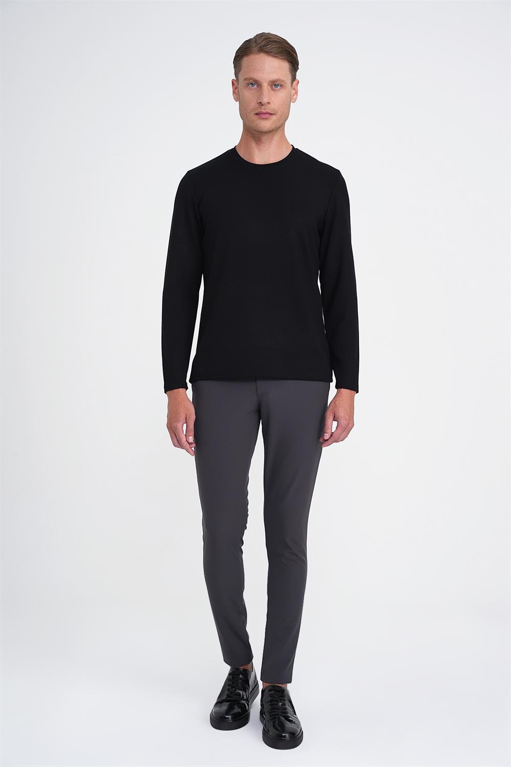 Ts 892 Comfort Fit Bisiklet Yaka Uzun Kol Casuel Siyah Tişört