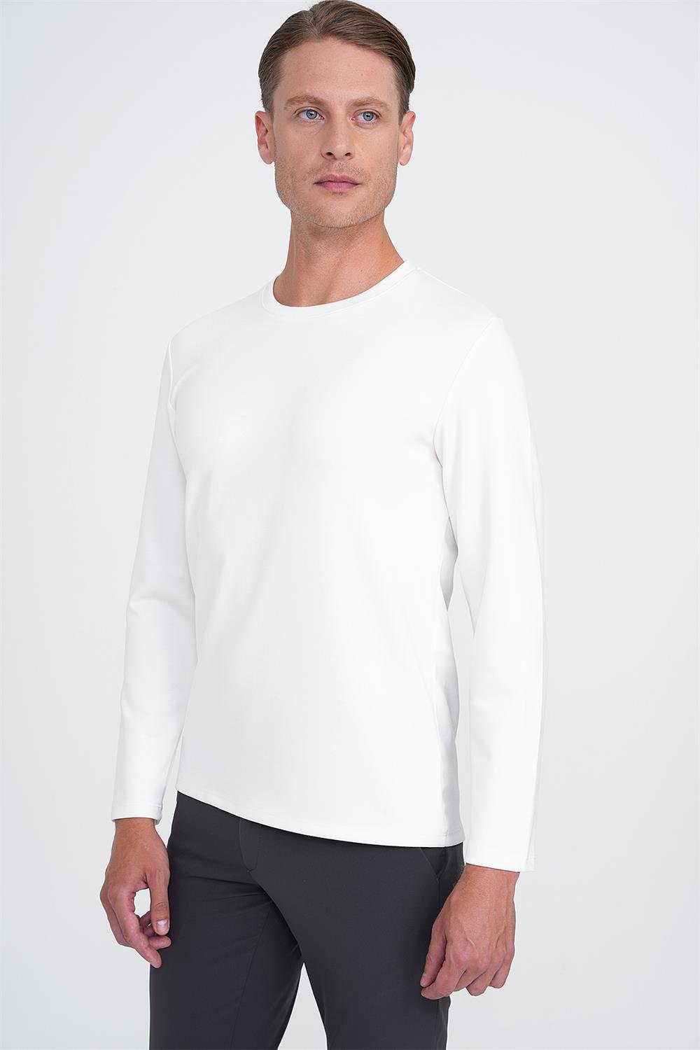 Ts 892 Comfort Fit Bisiklet Yaka Uzun Kol Casuel Ekru Tişört