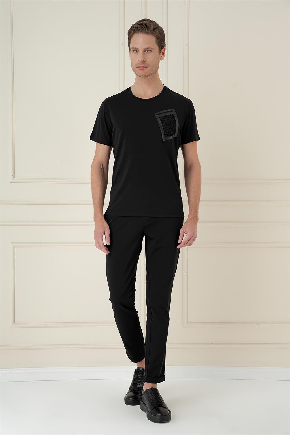 Ts 897 Comfort Fit Bisiklet Yaka Cep Baskılı Casuel Siyah Tişört
