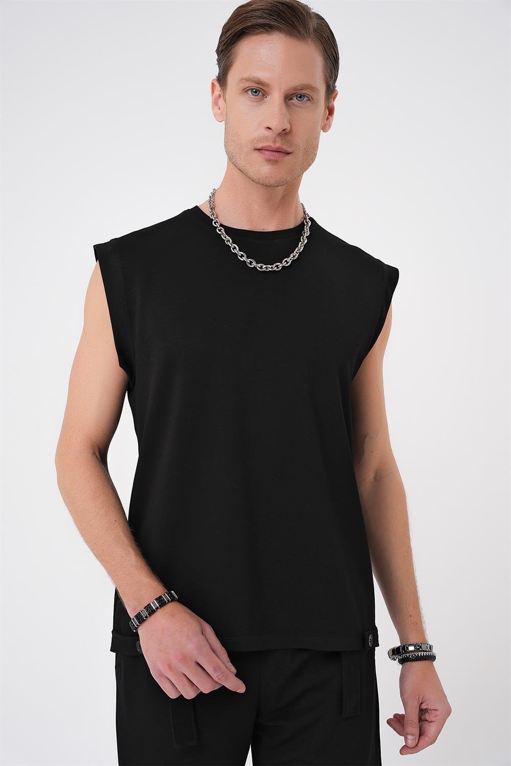Ts 898 Comfort Fit Bisiklet Yaka Esnek Pamuk Kolsuz Spor Siyah Tişört