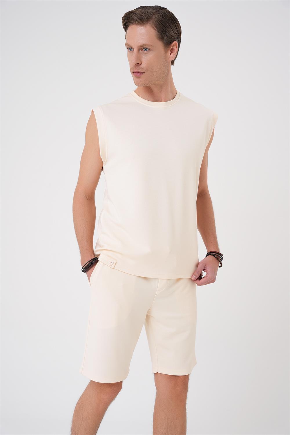 Ts 898 Comfort Fit Bisiklet Yaka Esnek Pamuk Kolsuz Spor Bej Tişört