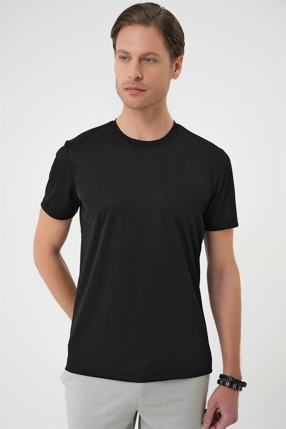 Ts 900 Comfort Fit Bisiklet Yaka Viskon Karışımlı Casuel Siyah Tişört