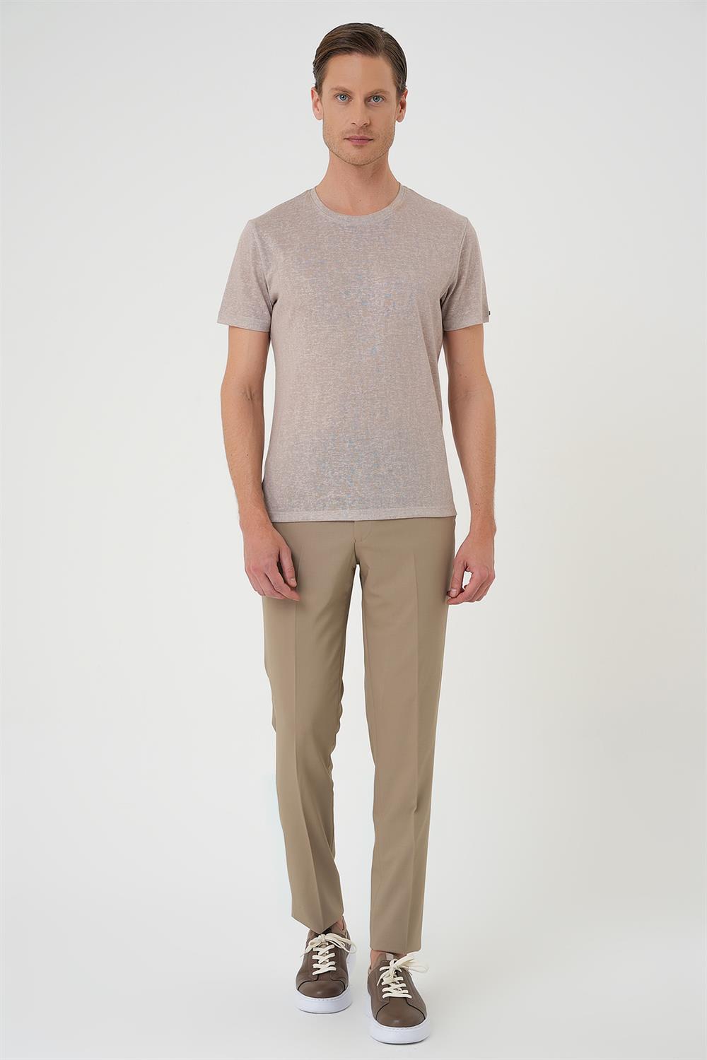 Ts 902 Comfort Fit Bisiklet Yaka Viskon Karışımlı Casual Kum Beji Tişört