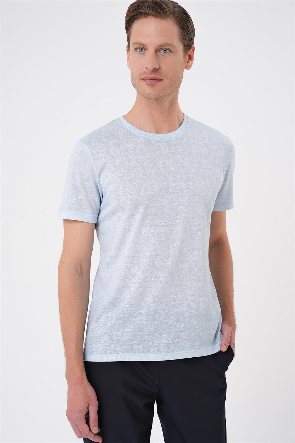 Ts 902 Comfort Fit Bisiklet Yaka Viskon Karışımlı Casual Mavi Tişört