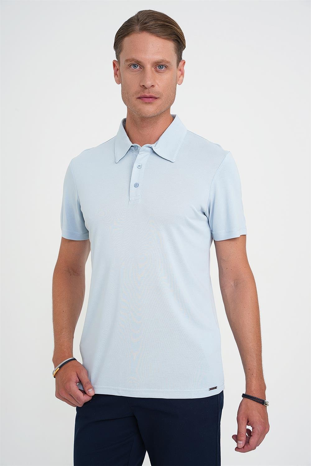 Ts 903 Comfort Fit Polo Yaka Modal Karışım Kısa Kol Casual Mavi Tişört