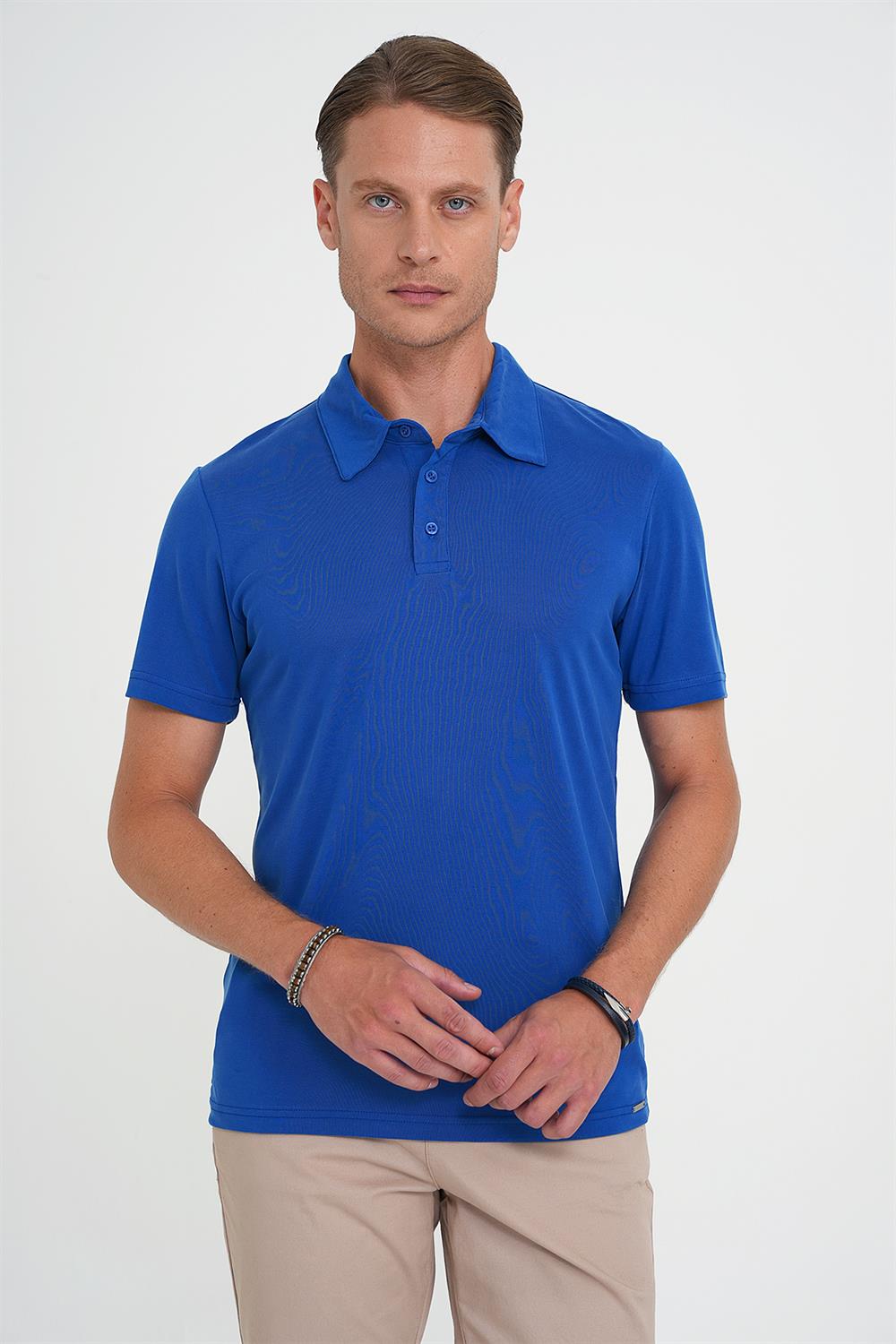 Ts 903 Comfort Fit Polo Yaka Modal Karışım Kısa Kol Casual Koyu Mavi Tişört