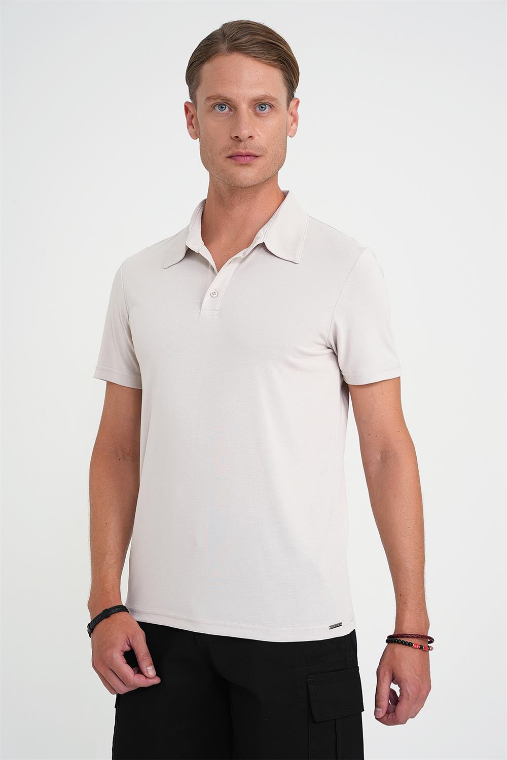 Ts 903 Comfort Fit Polo Yaka Modal Karışım Kısa Kol Casual Taş Tişört