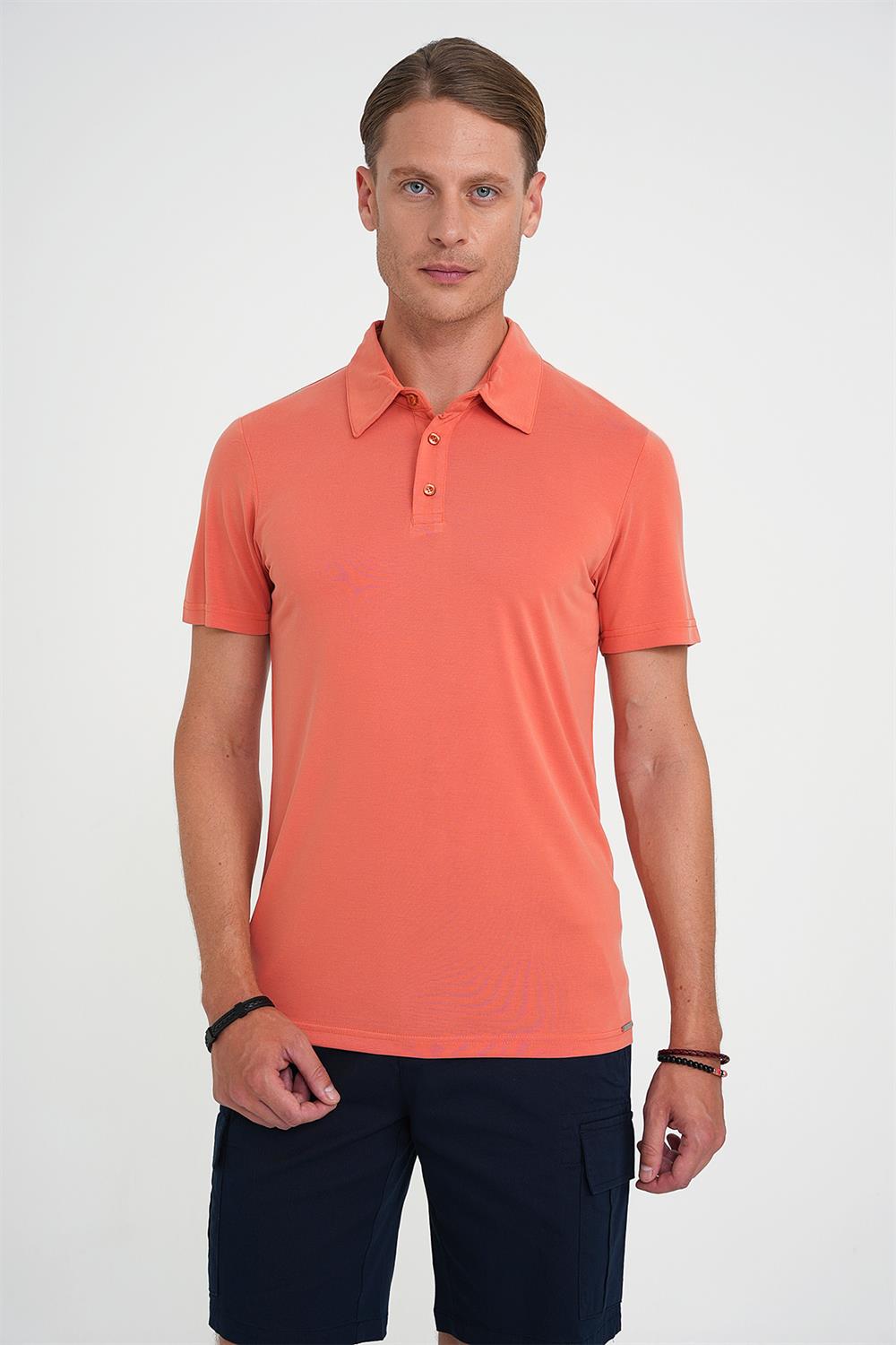 Ts 903 Comfort Fit Polo Yaka Modal Karışım Kısa Kol Casual Turuncu Tişört