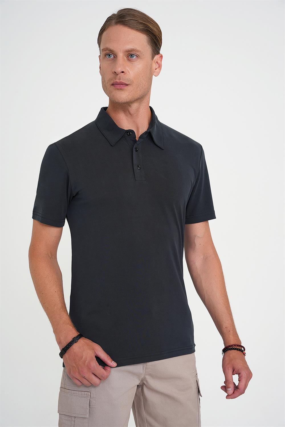Ts 903 Comfort Fit Polo Yaka Modal Karışım Kısa Kol Casual Siyah Tişört