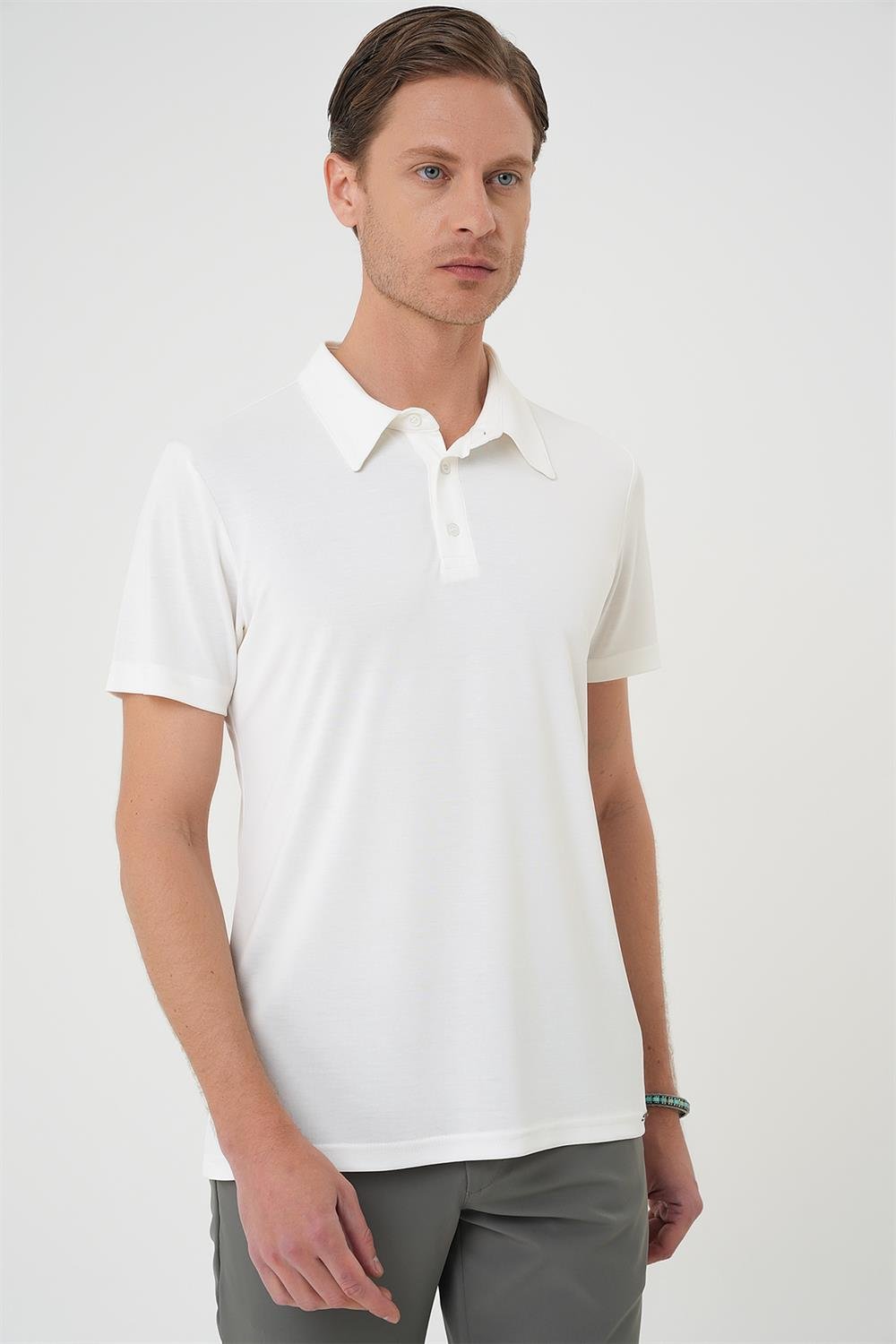Ts 903 Comfort Fit Polo Yaka Modal Karışım Kısa Kol Casual Ekru Tişört