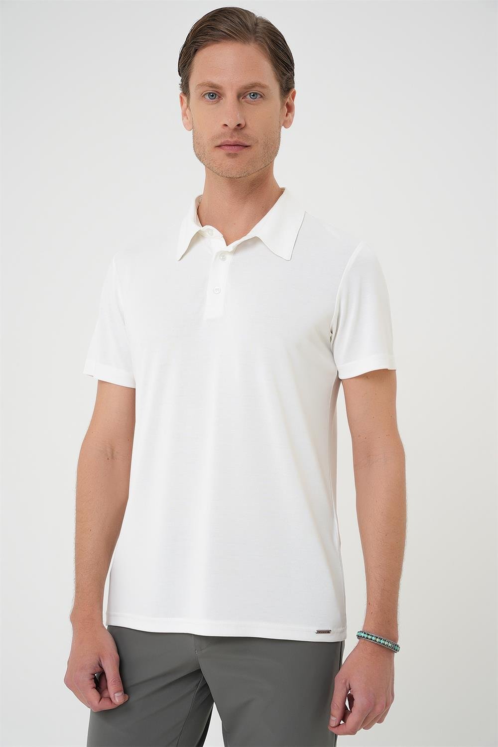 Ts 903 Comfort Fit Polo Yaka Modal Karışım Kısa Kol Casual Ekru Tişört
