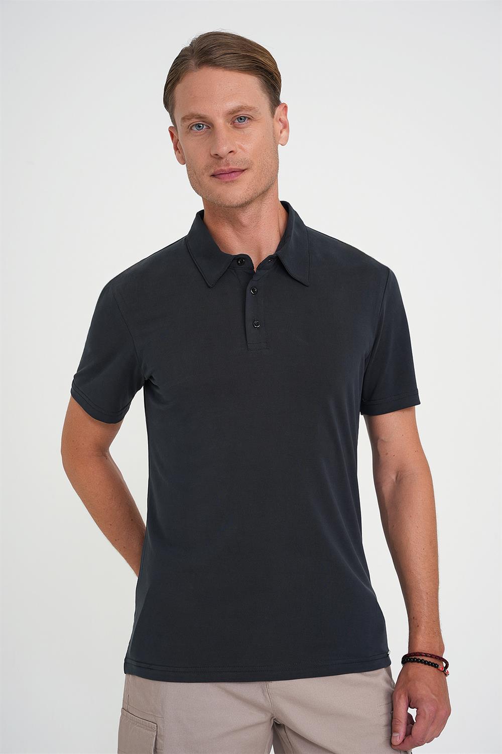 Ts 903 Comfort Fit Polo Yaka Modal Karışım Kısa Kol Casual Siyah Tişört