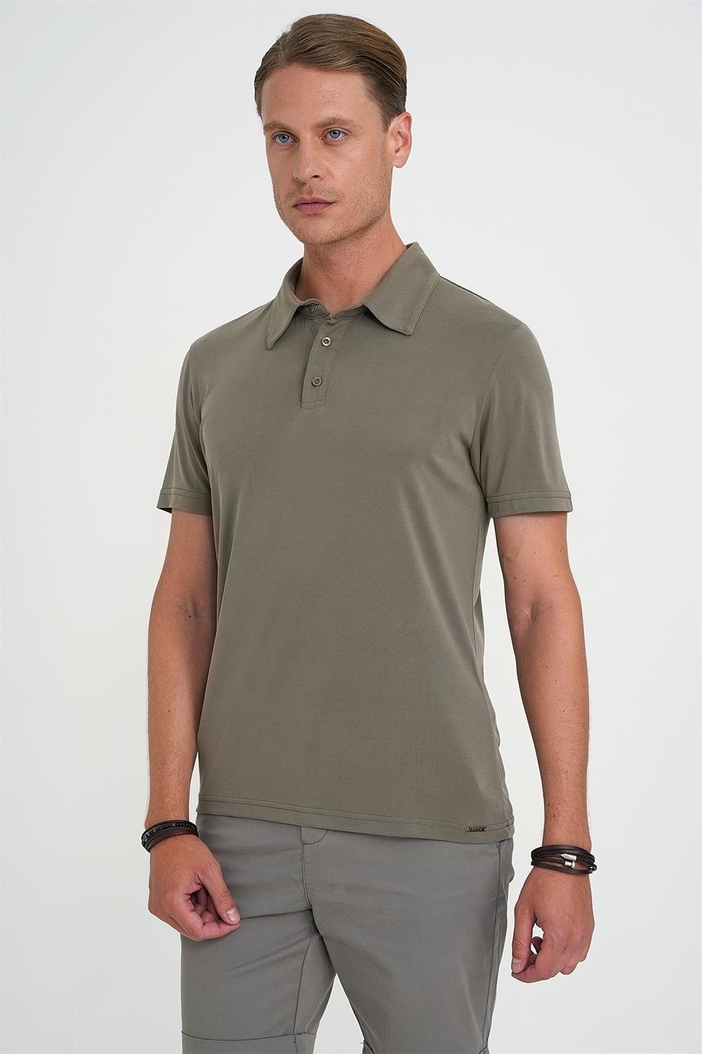 Ts 903 Comfort Fit Polo Yaka Modal Karışım Kısa Kol Casual Haki Tişört